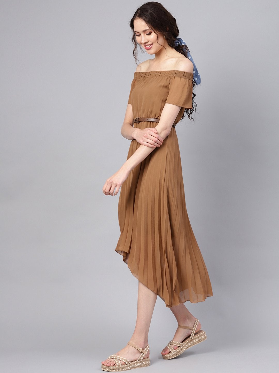 Women's Brown Off Shoulder High Low Belted Pleated Dress - SASSAFRAS