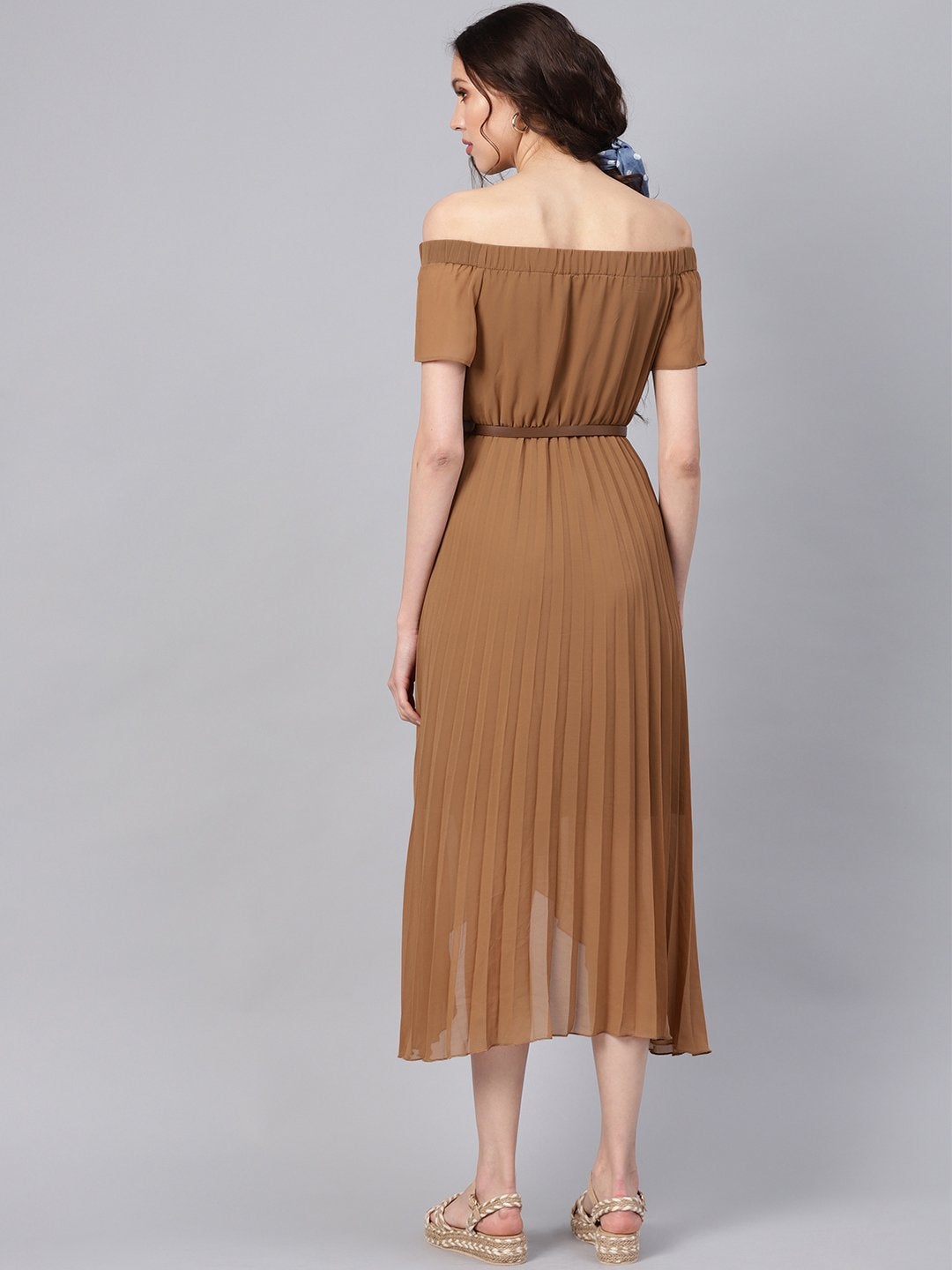 Women's Brown Off Shoulder High Low Belted Pleated Dress - SASSAFRAS