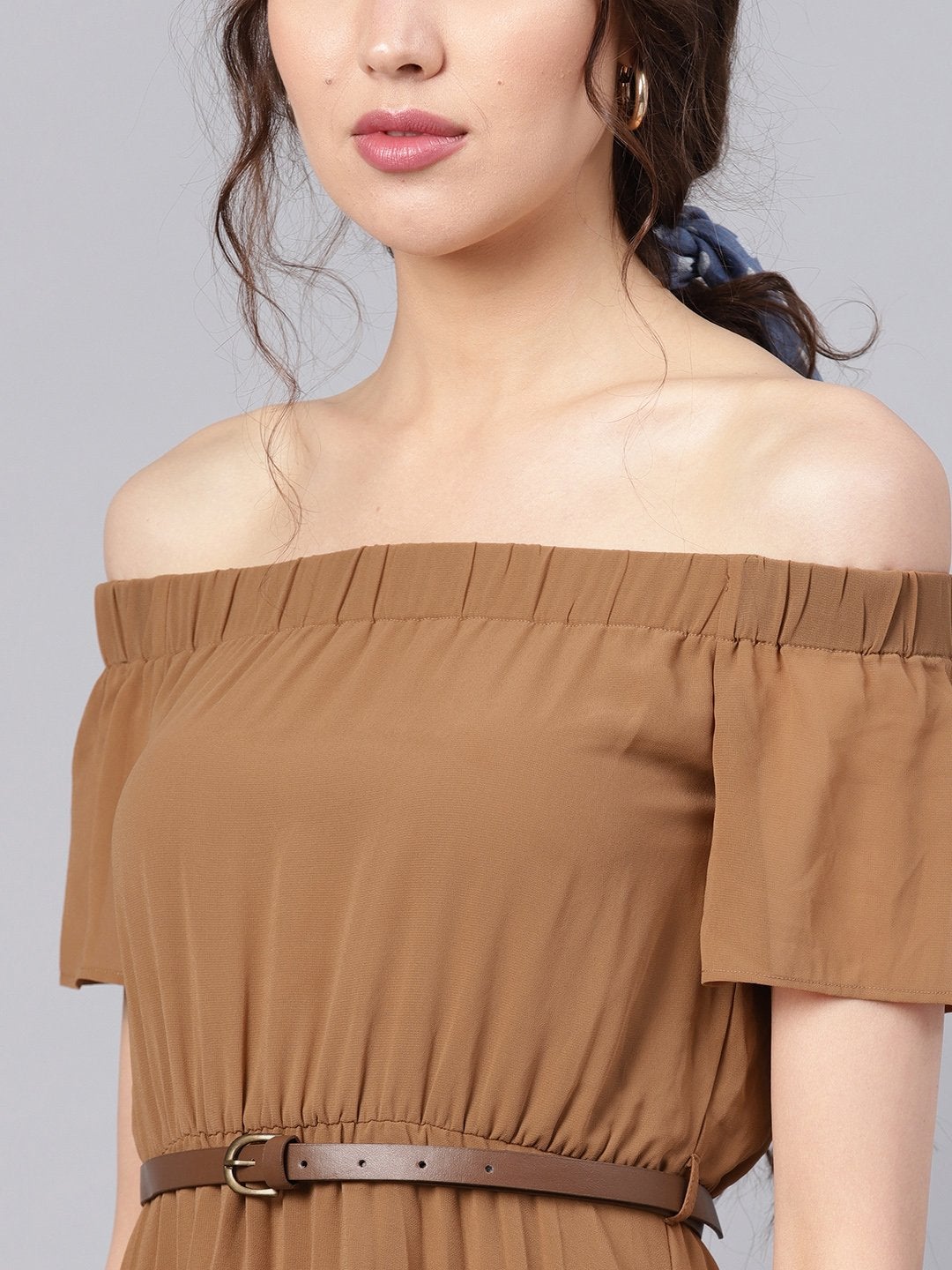 Women's Brown Off Shoulder High Low Belted Pleated Dress - SASSAFRAS