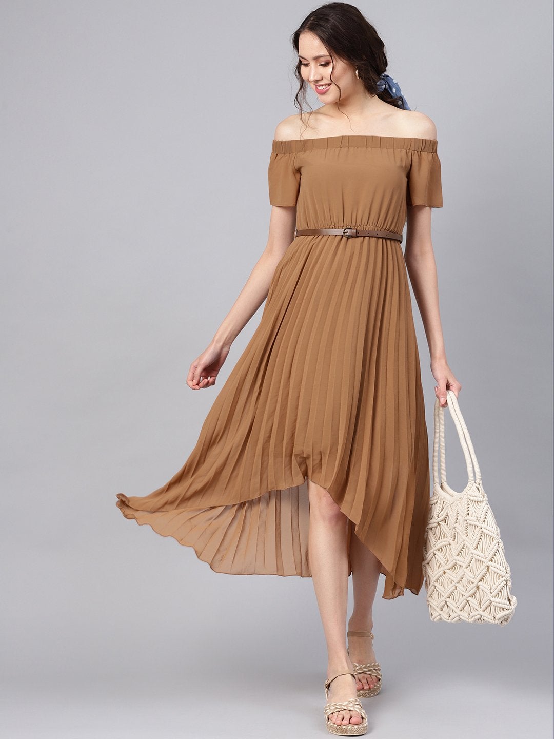 Women's Brown Off Shoulder High Low Belted Pleated Dress - SASSAFRAS