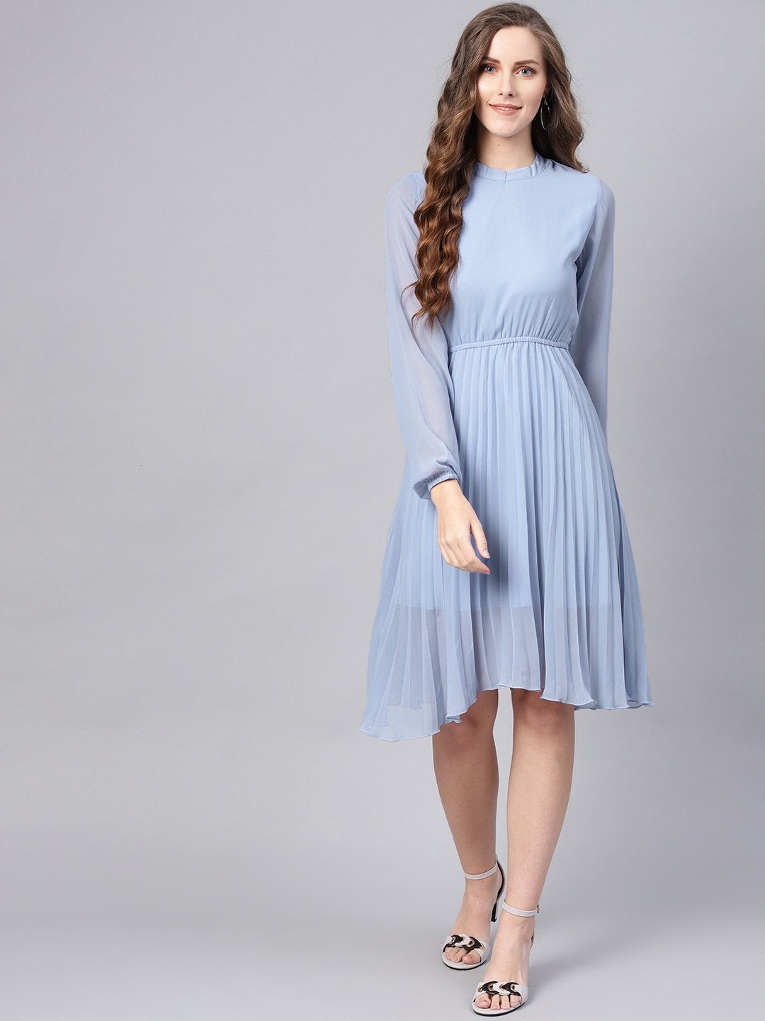 Women's Blue Mandrain Collar Pleated Skater Dress - SASSAFRAS