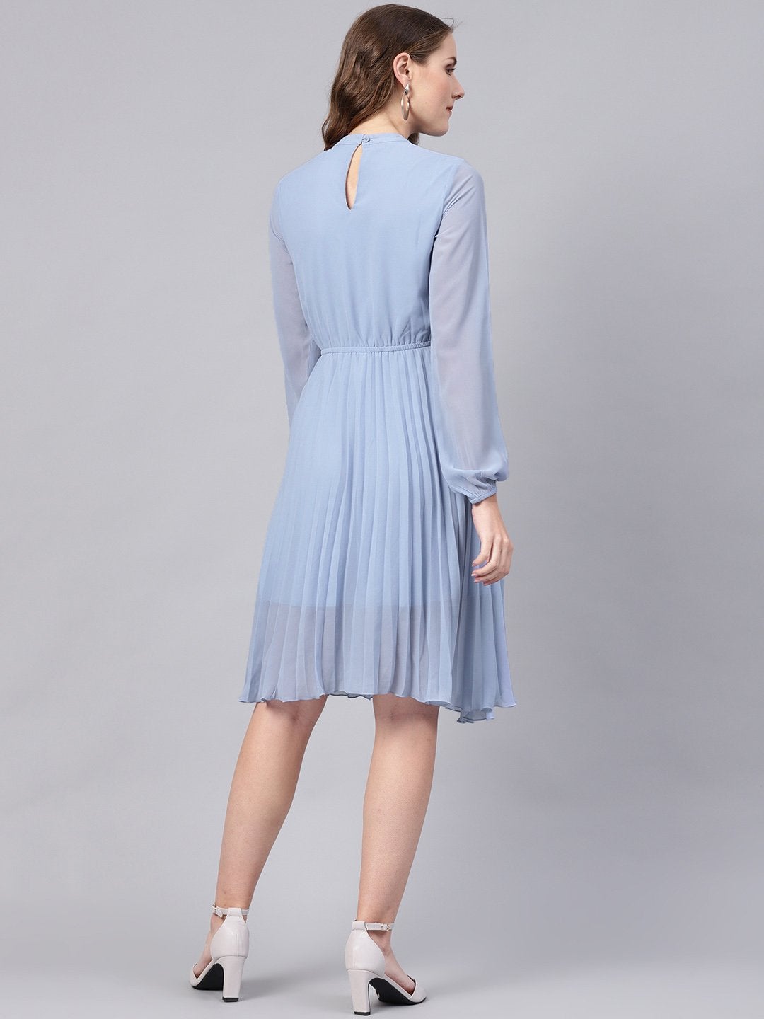 Women's Blue Mandrain Collar Pleated Skater Dress - SASSAFRAS