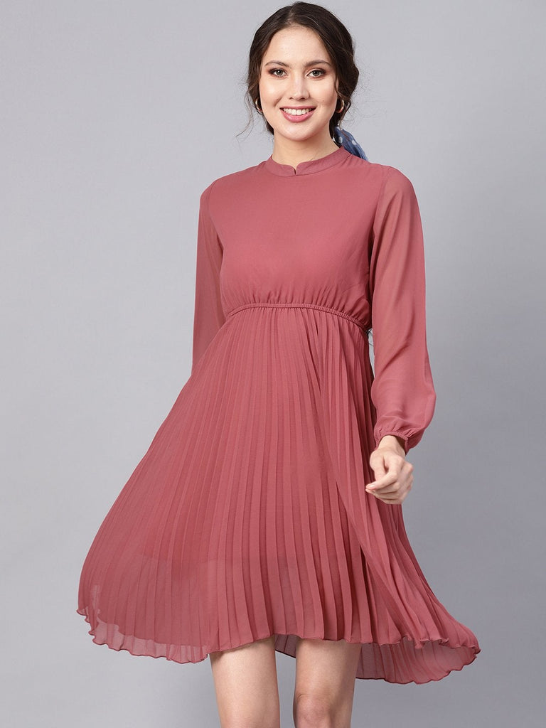 Women's Rose Pink Mandrain Collar Pleated Skater Dress