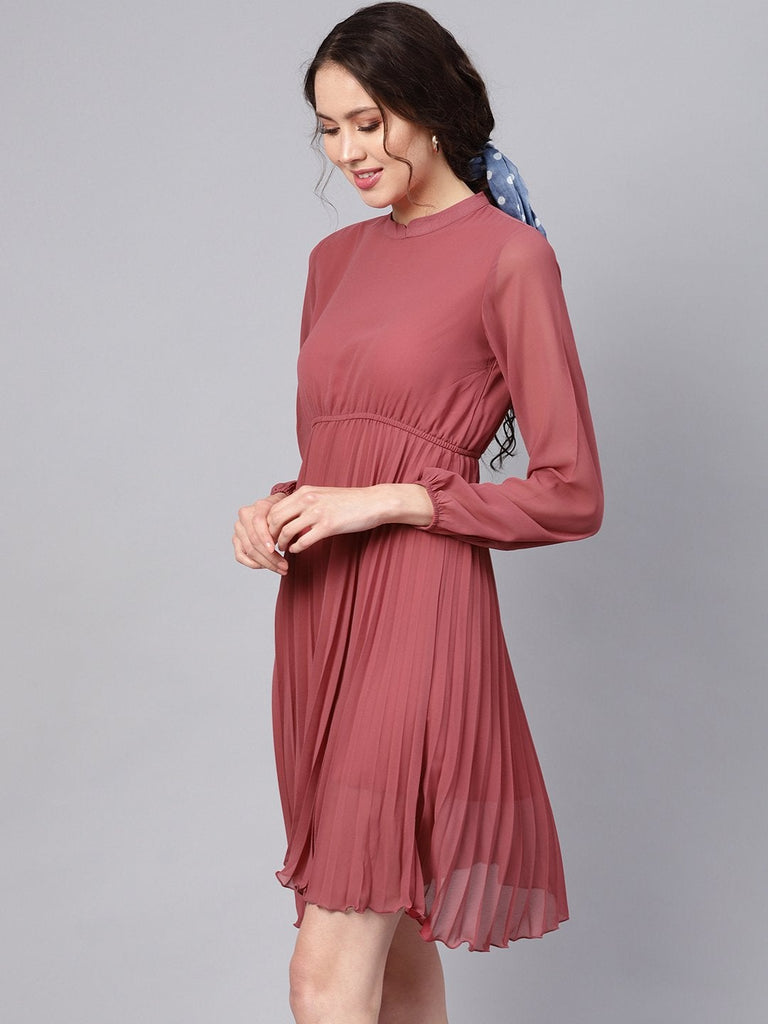 Women's Rose Pink Mandrain Collar Pleated Skater Dress