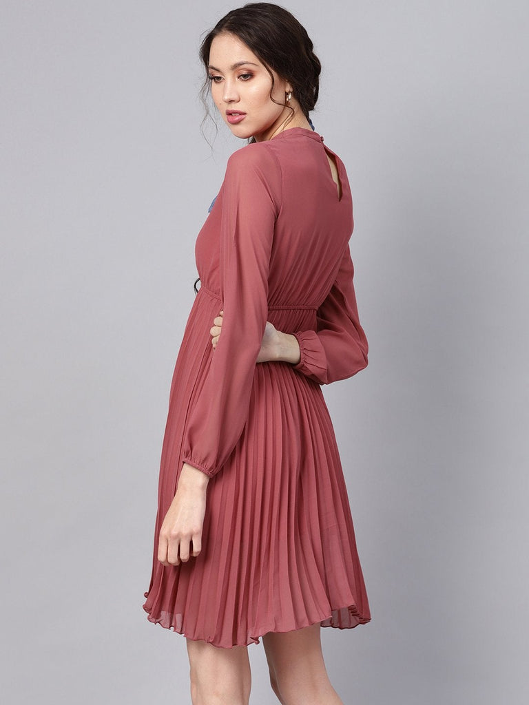 Women's Rose Pink Mandrain Collar Pleated Skater Dress
