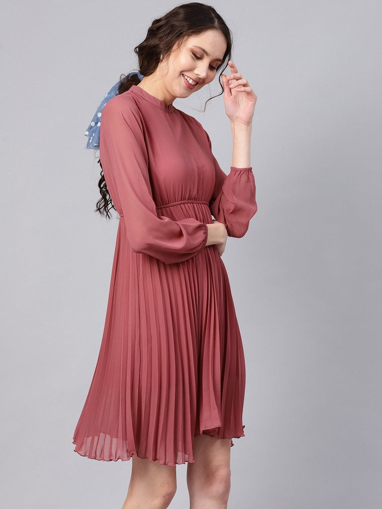 Women's Rose Pink Mandrain Collar Pleated Skater Dress