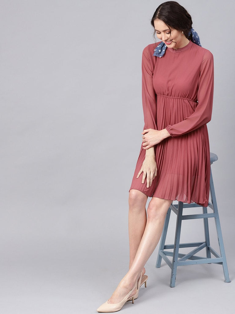 Women's Rose Pink Mandrain Collar Pleated Skater Dress
