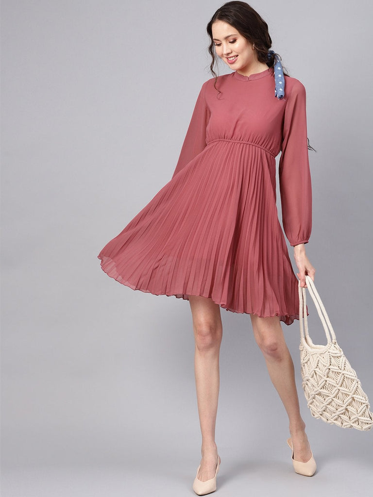 Women's Rose Pink Mandrain Collar Pleated Skater Dress