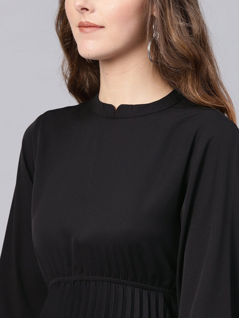 Women's Black Mandrain Collar Pleated Skater Dress