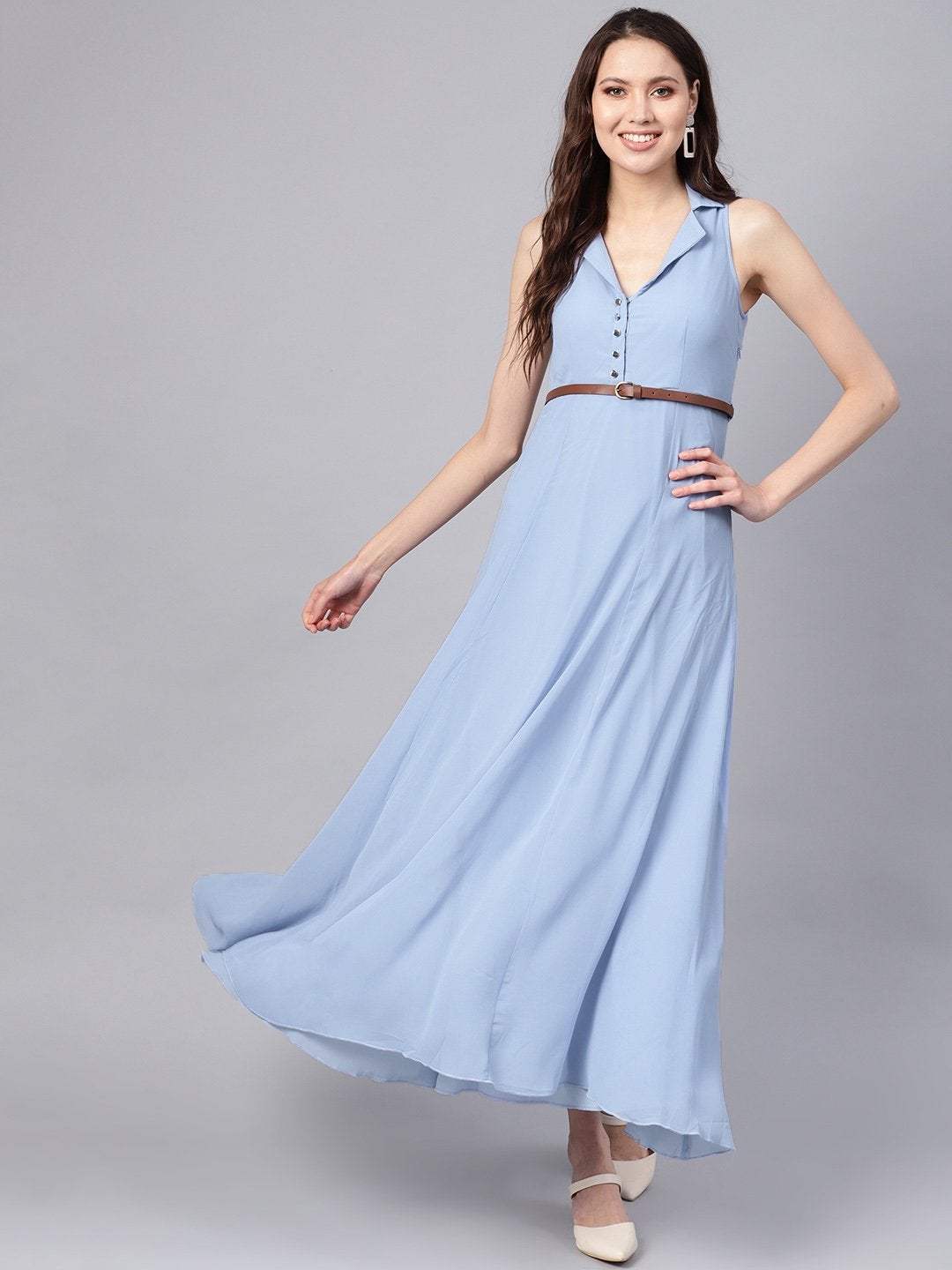 Women's Blue Notched Collar Belted Maxi - SASSAFRAS