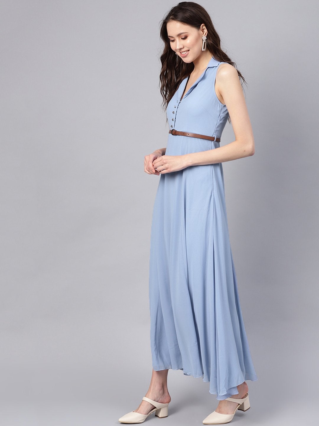 Women's Blue Notched Collar Belted Maxi - SASSAFRAS