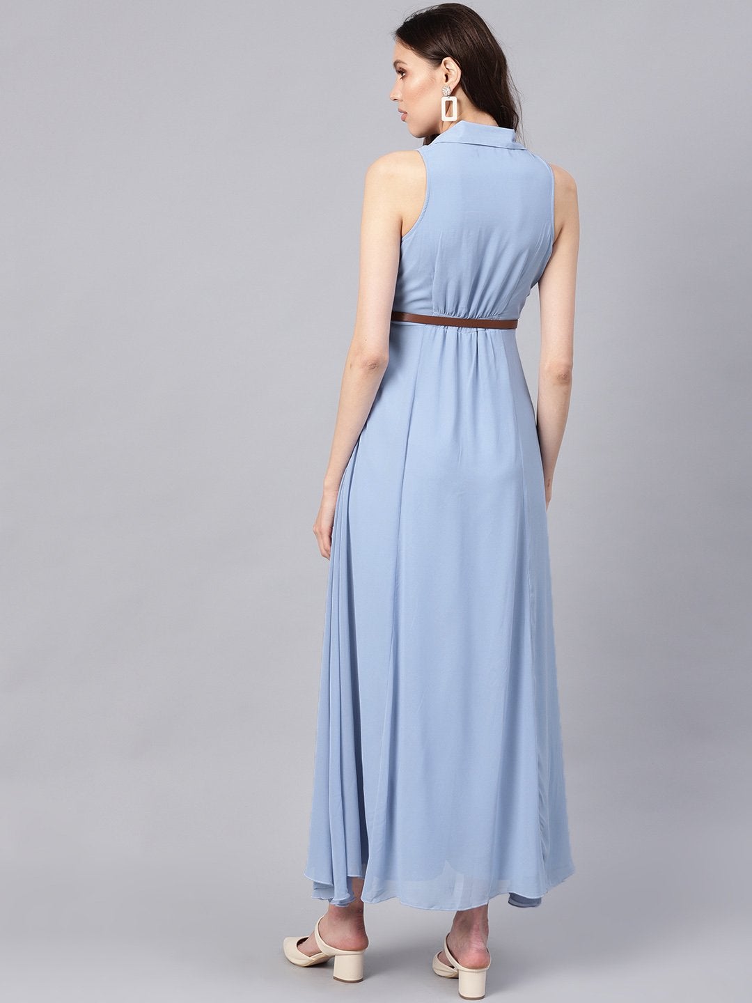 Women's Blue Notched Collar Belted Maxi - SASSAFRAS