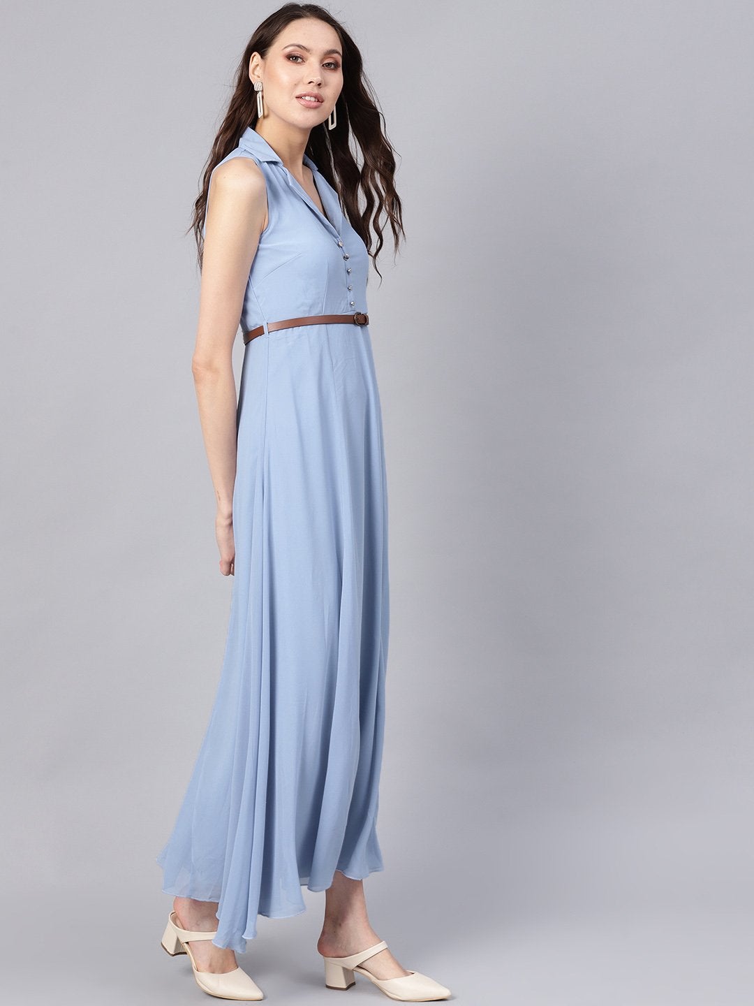 Women's Blue Notched Collar Belted Maxi - SASSAFRAS