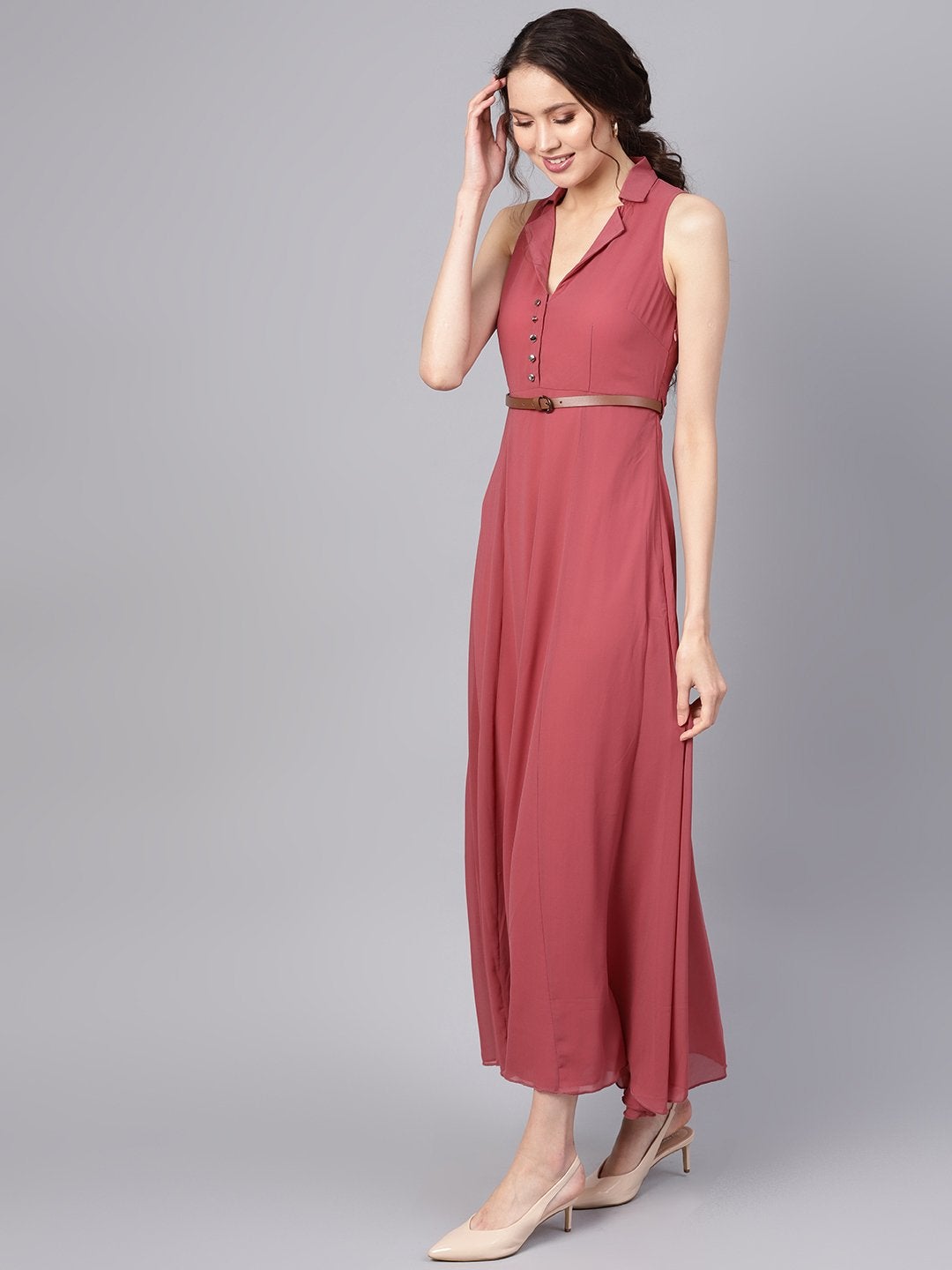 Women's Rose Pink Notched Collar Belted Maxi - SASSAFRAS