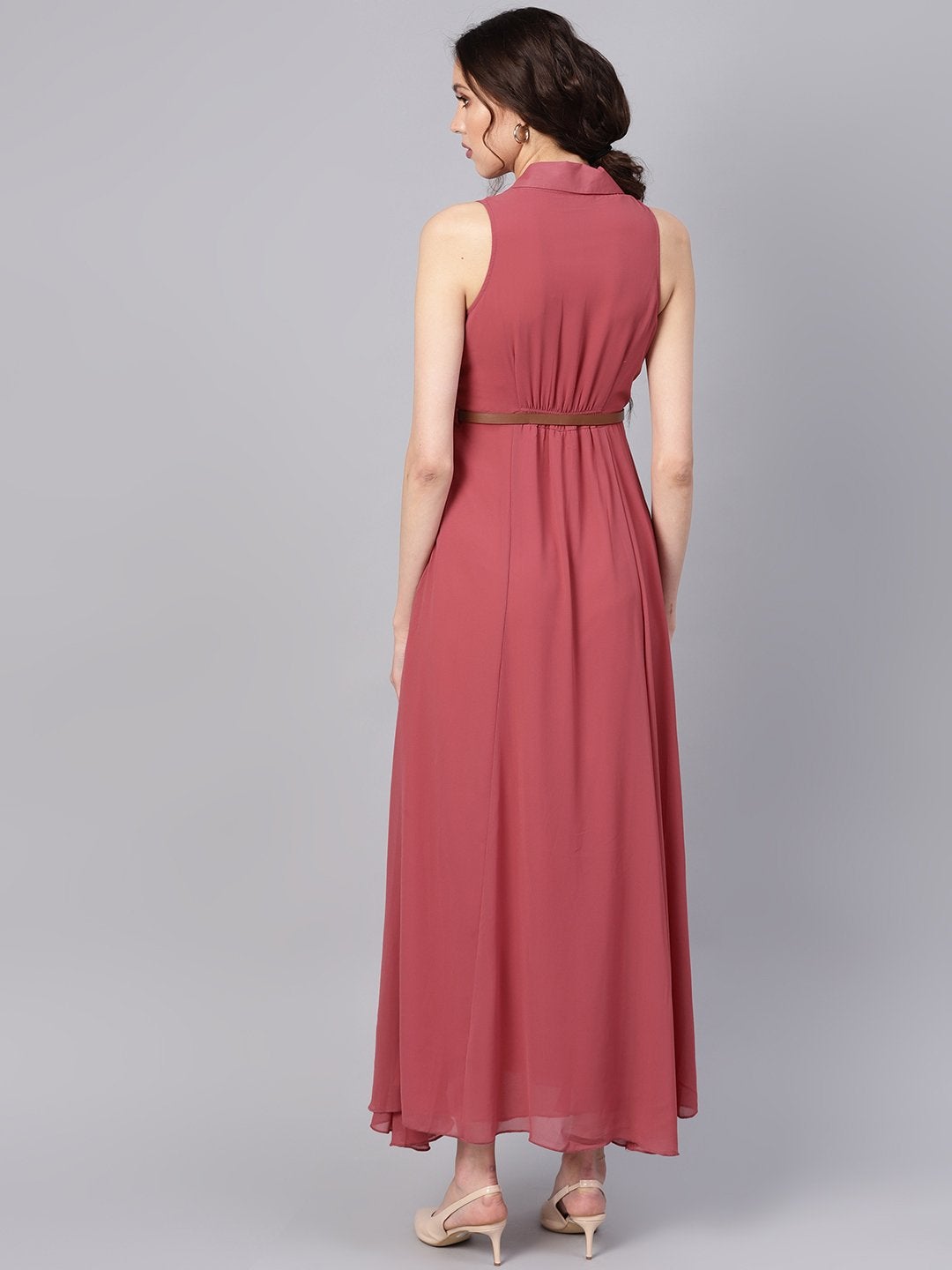 Women's Rose Pink Notched Collar Belted Maxi - SASSAFRAS