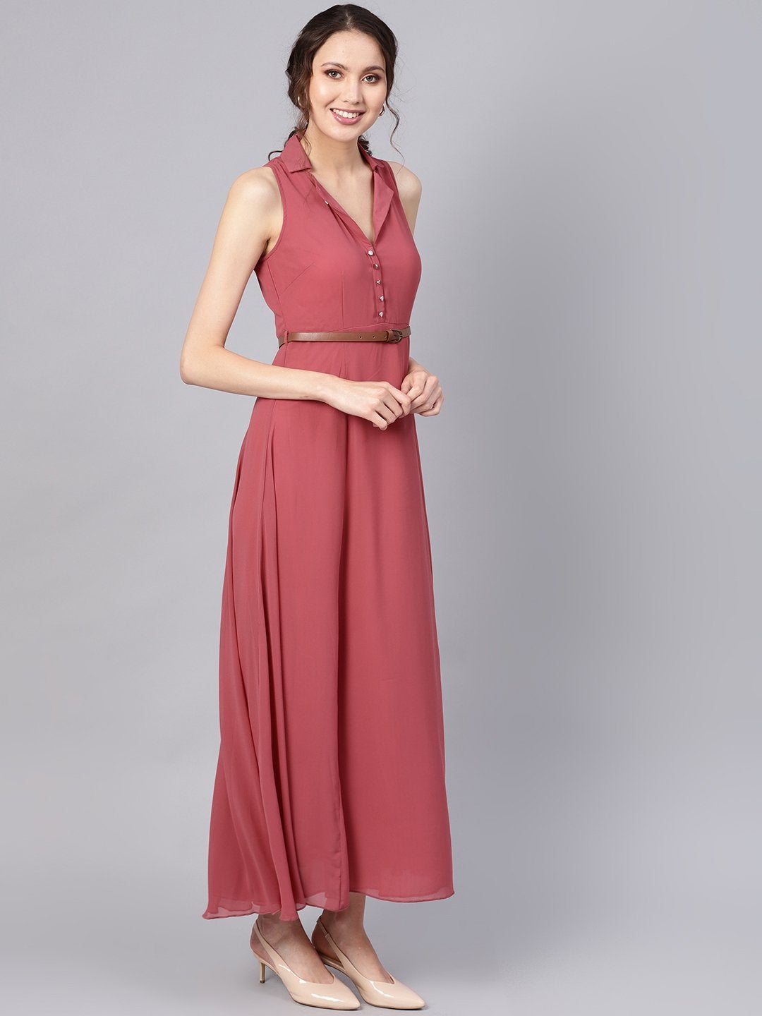 Women's Rose Pink Notched Collar Belted Maxi - SASSAFRAS