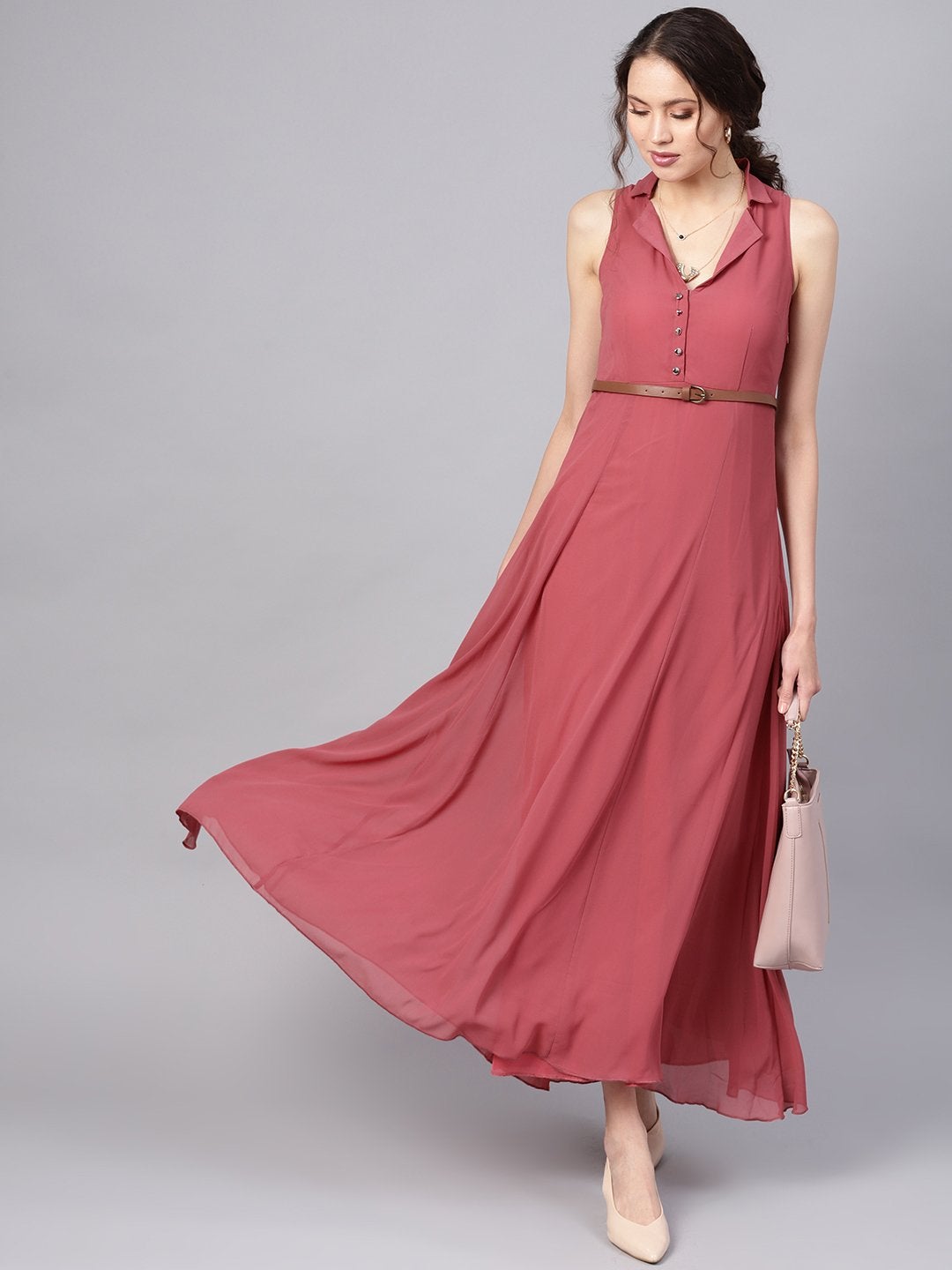 Women's Rose Pink Notched Collar Belted Maxi - SASSAFRAS