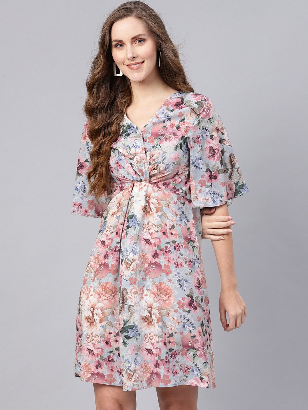 Women's Grey Floral Knot Front Dress - SASSAFRAS