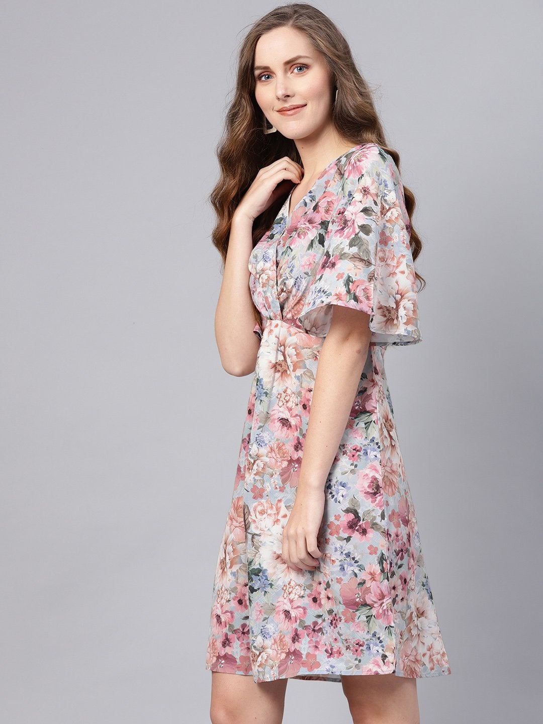 Women's Grey Floral Knot Front Dress - SASSAFRAS