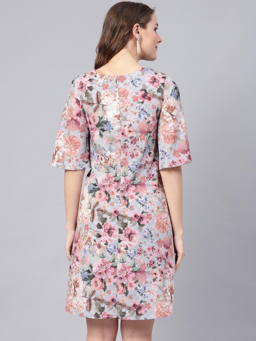 Women's Grey Floral Knot Front Dress - SASSAFRAS