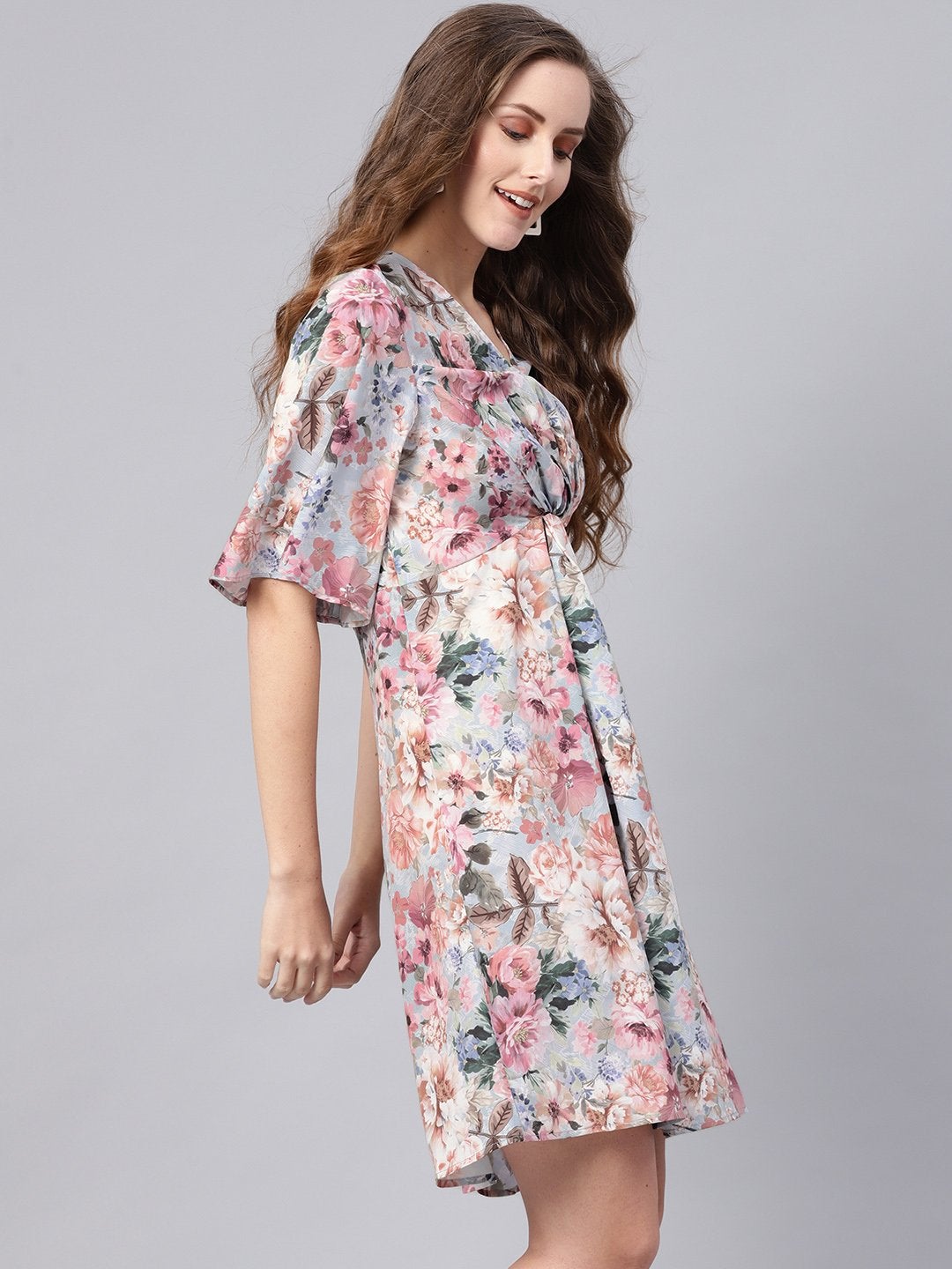 Women's Grey Floral Knot Front Dress - SASSAFRAS