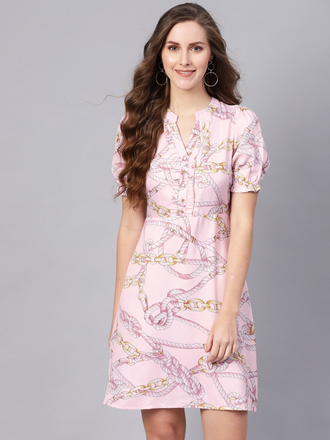 Women's Pink Chain Print A-Line Dress - SASSAFRAS