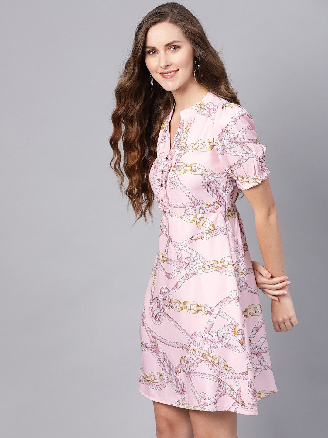 Women's Pink Chain Print A-Line Dress - SASSAFRAS