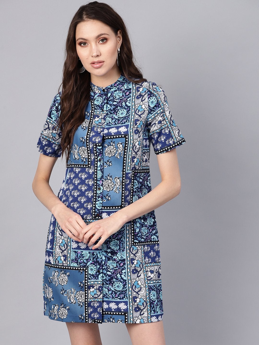 Women's Blue Floral Placket Shirt Dress - SASSAFRAS