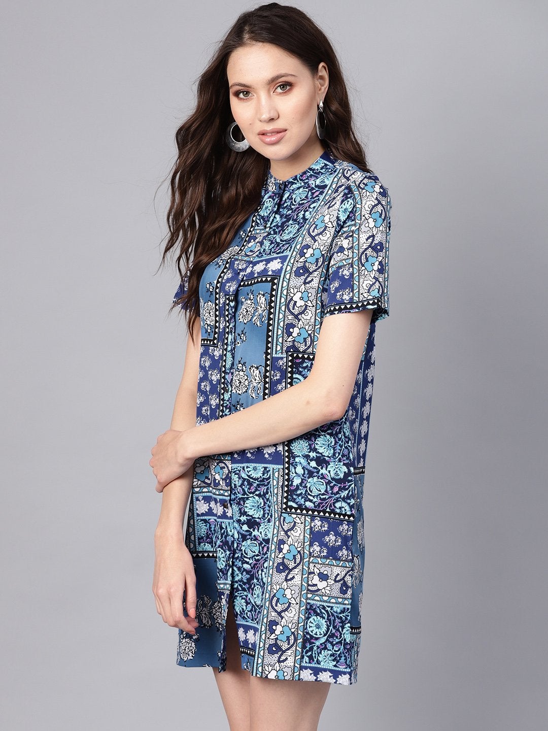 Women's Blue Floral Placket Shirt Dress - SASSAFRAS