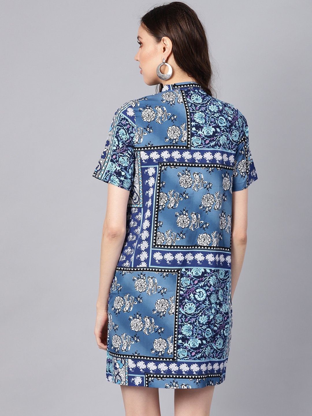 Women's Blue Floral Placket Shirt Dress - SASSAFRAS