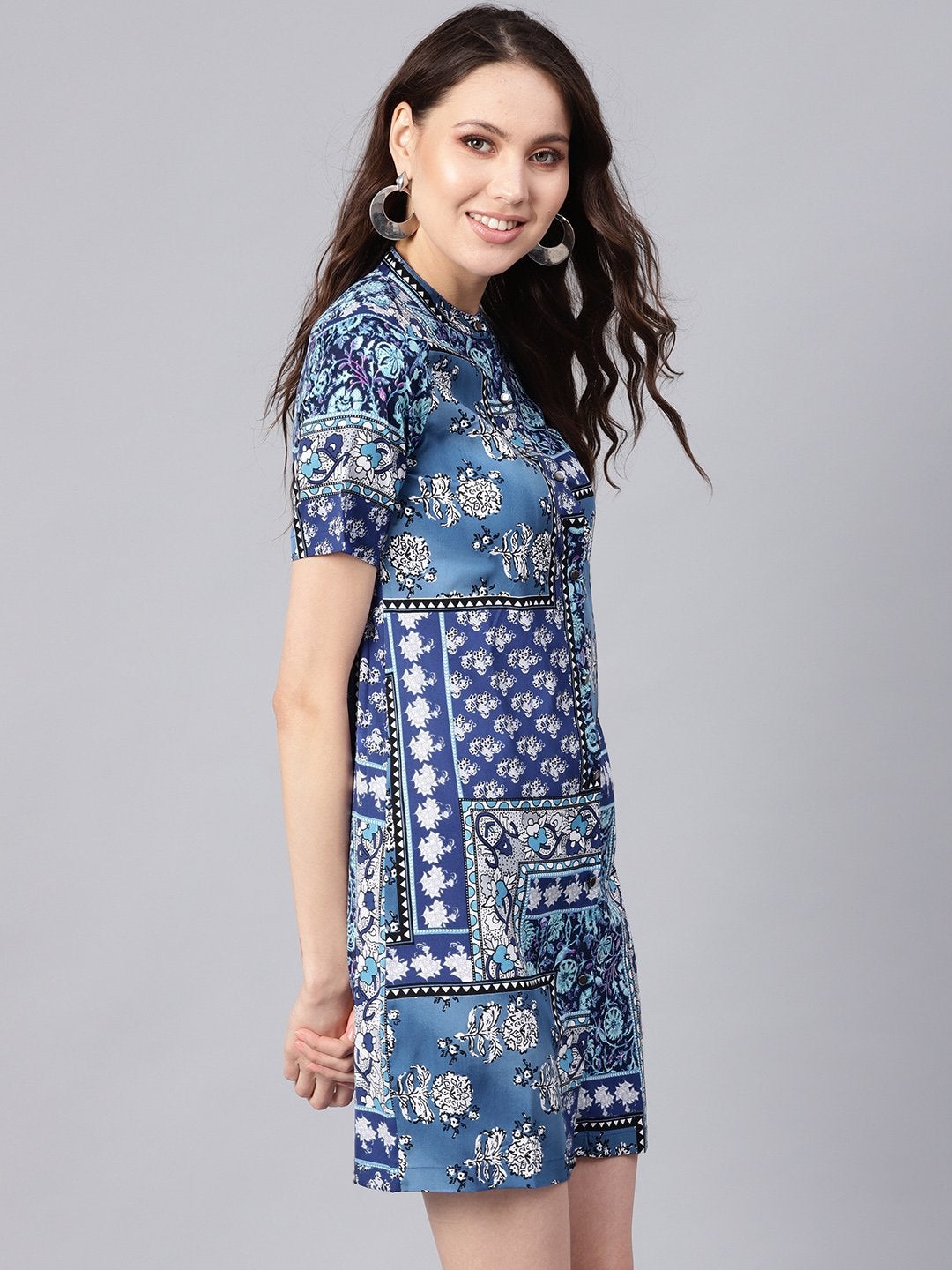 Women's Blue Floral Placket Shirt Dress - SASSAFRAS