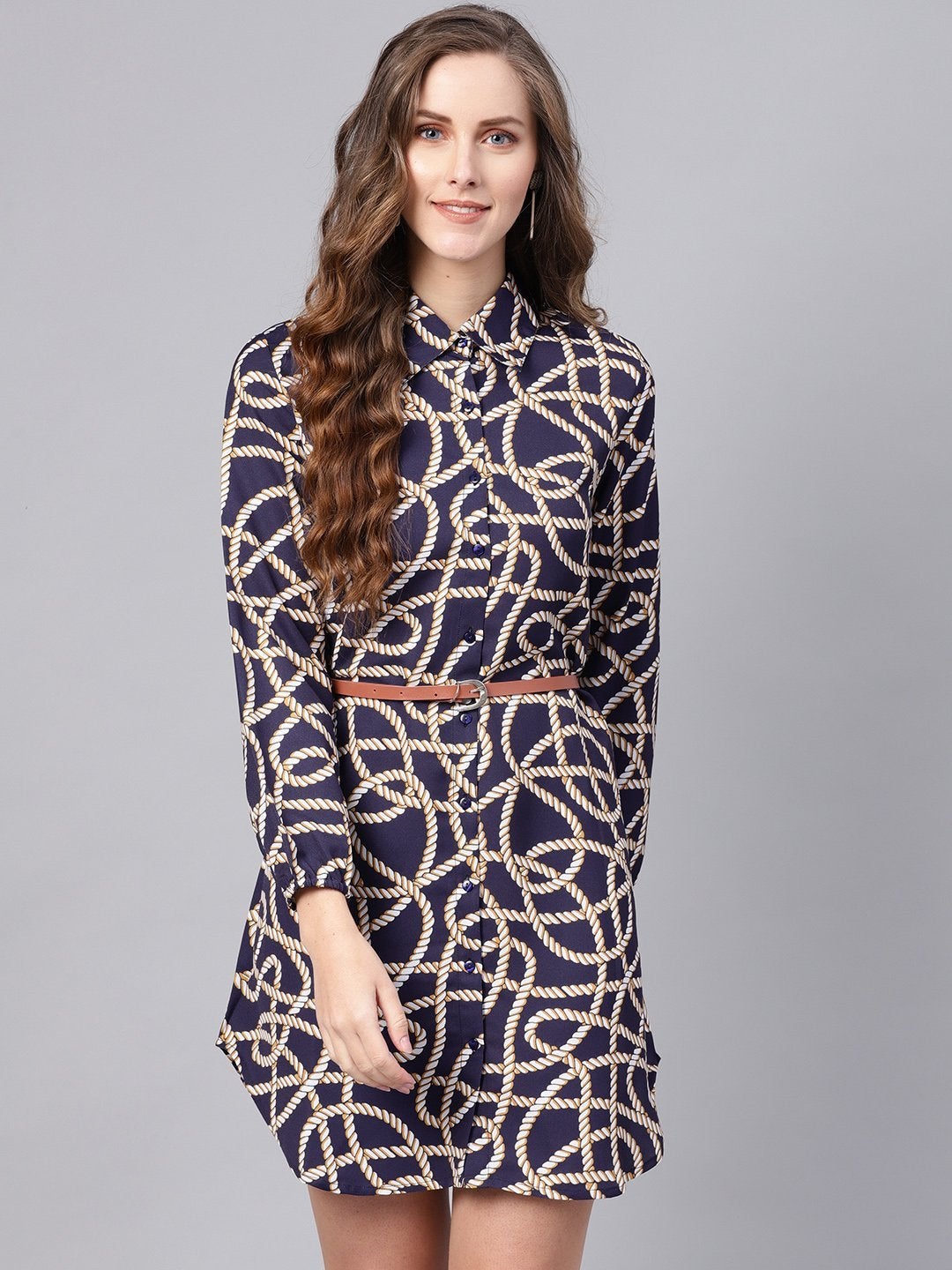 Women's Navy Linked Print Belted Shirt Dress - SASSAFRAS