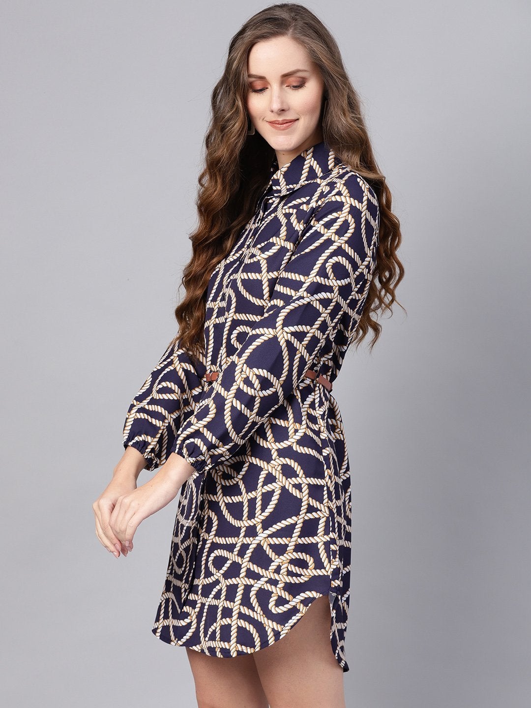 Women's Navy Linked Print Belted Shirt Dress - SASSAFRAS