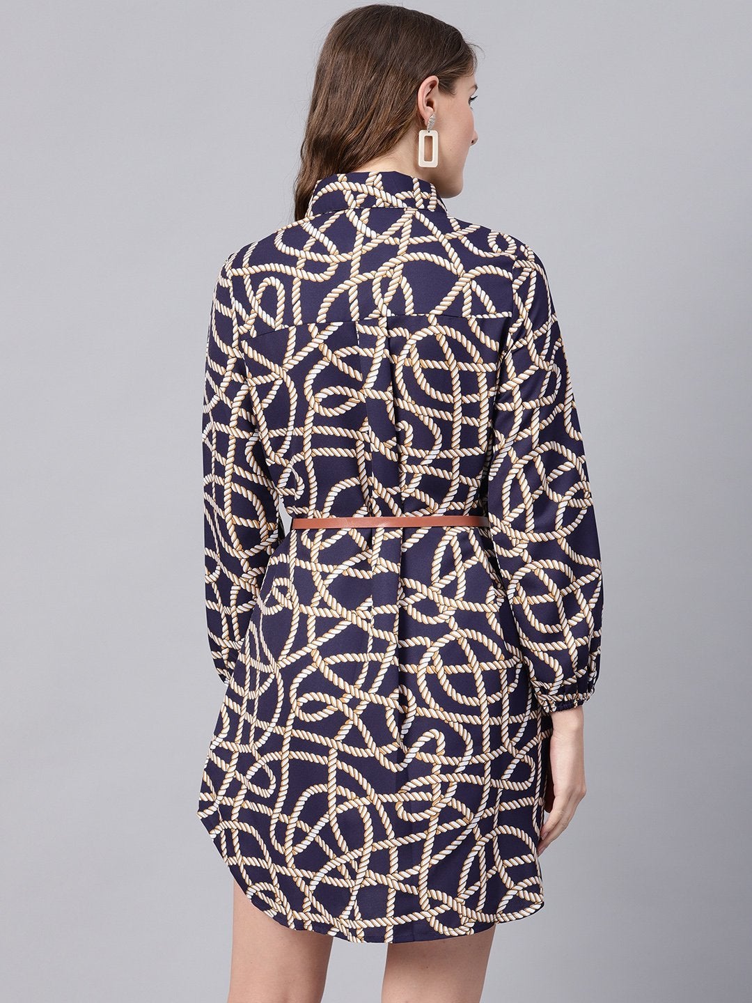 Women's Navy Linked Print Belted Shirt Dress - SASSAFRAS