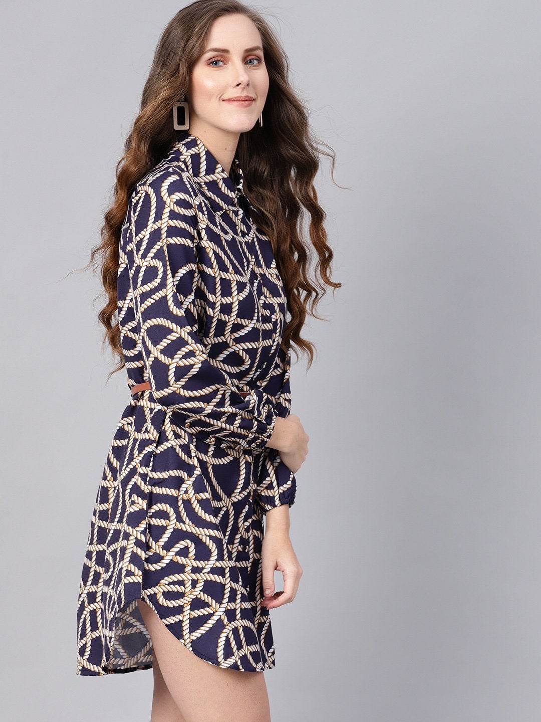 Women's Navy Linked Print Belted Shirt Dress - SASSAFRAS