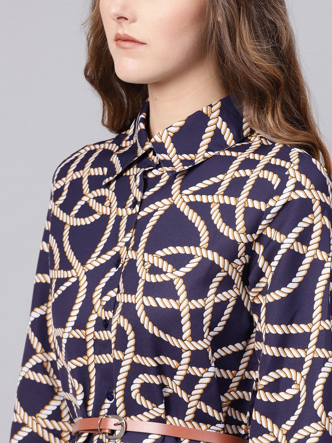 Women's Navy Linked Print Belted Shirt Dress - SASSAFRAS