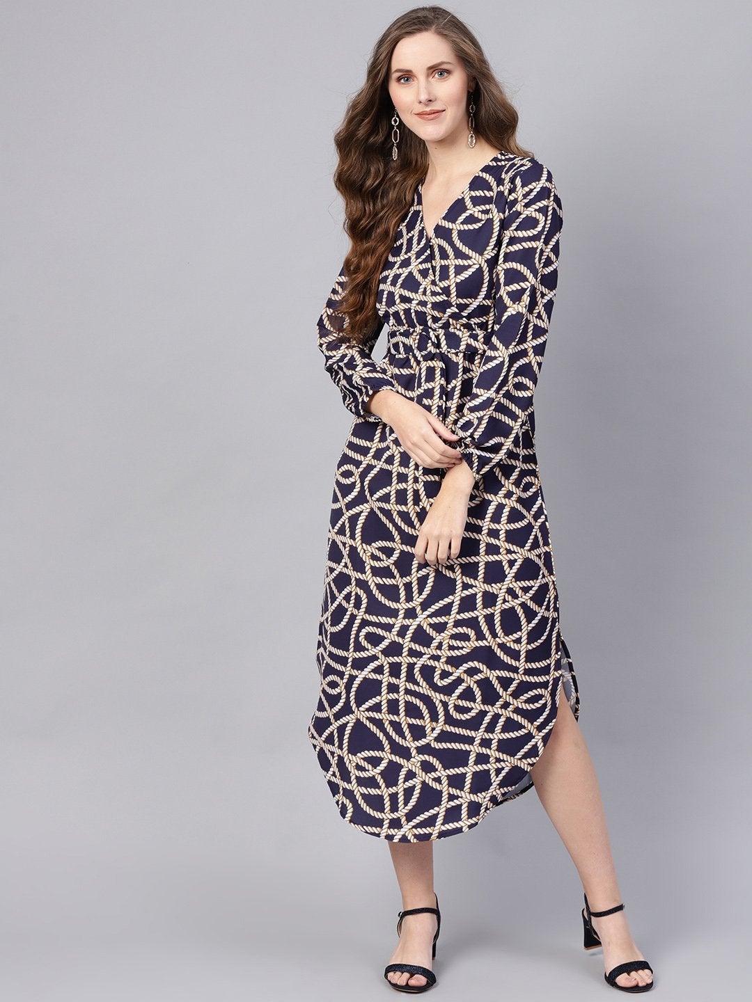 Women's Navy Linked Print Belted Wrap Dress - SASSAFRAS