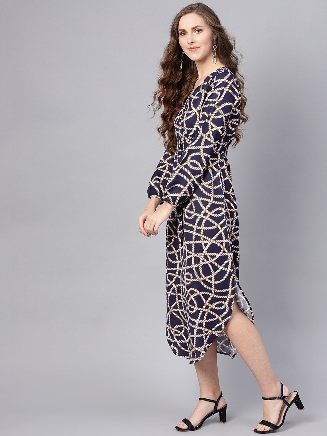 Women's Navy Linked Print Belted Wrap Dress - SASSAFRAS