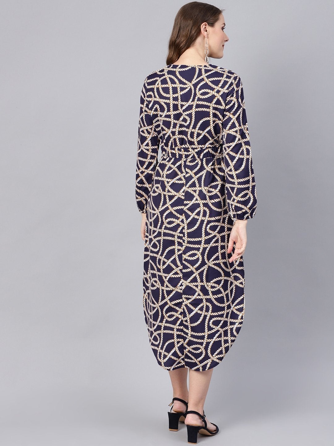 Women's Navy Linked Print Belted Wrap Dress - SASSAFRAS