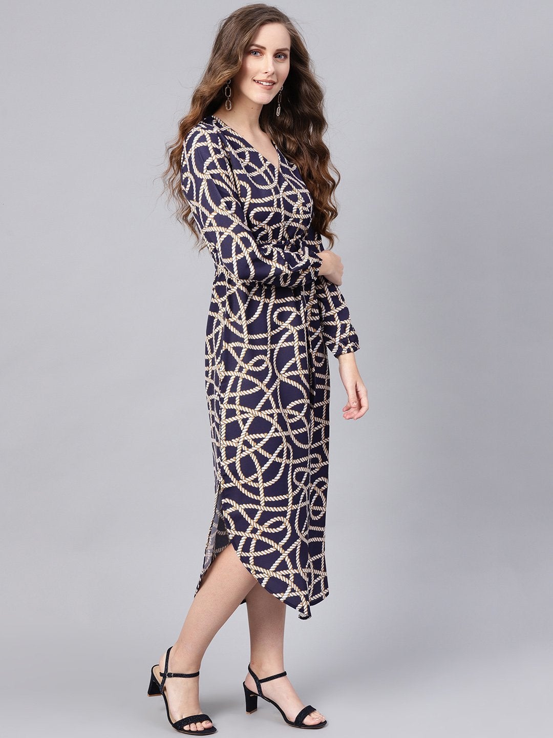 Women's Navy Linked Print Belted Wrap Dress - SASSAFRAS