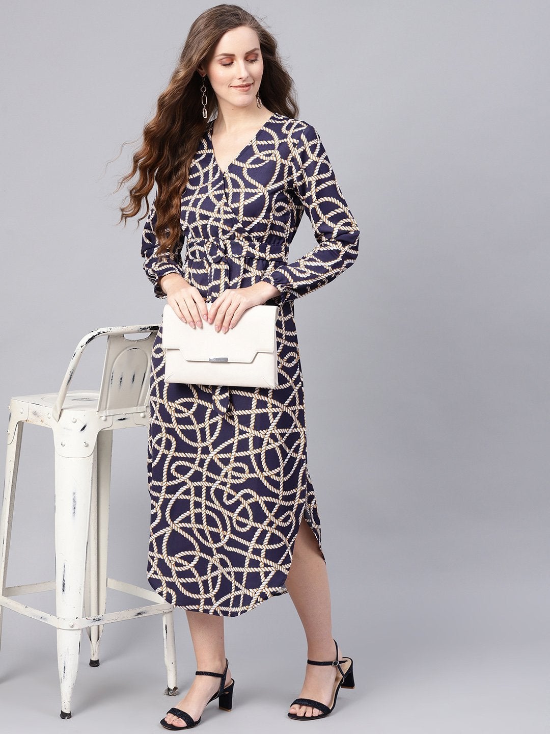 Women's Navy Linked Print Belted Wrap Dress - SASSAFRAS