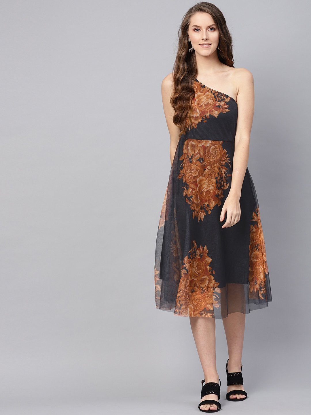 Women's Black Floral Mesh One Shoulder Midi - SASSAFRAS