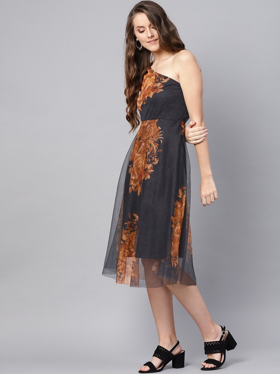 Women's Black Floral Mesh One Shoulder Midi - SASSAFRAS