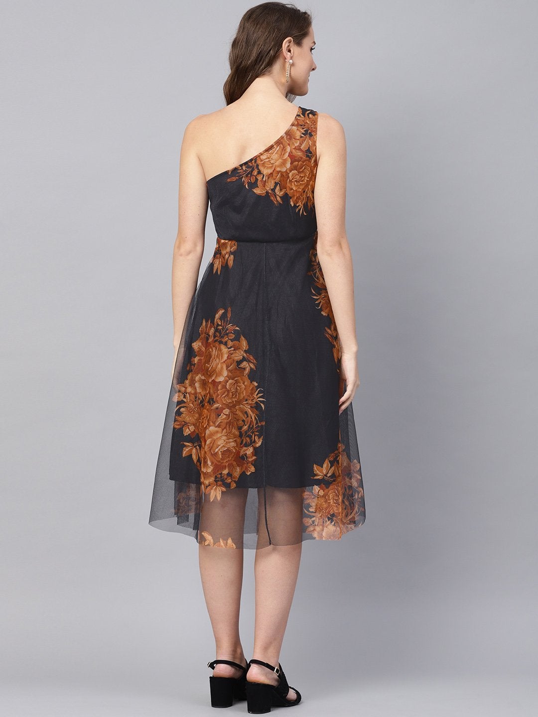 Women's Black Floral Mesh One Shoulder Midi - SASSAFRAS