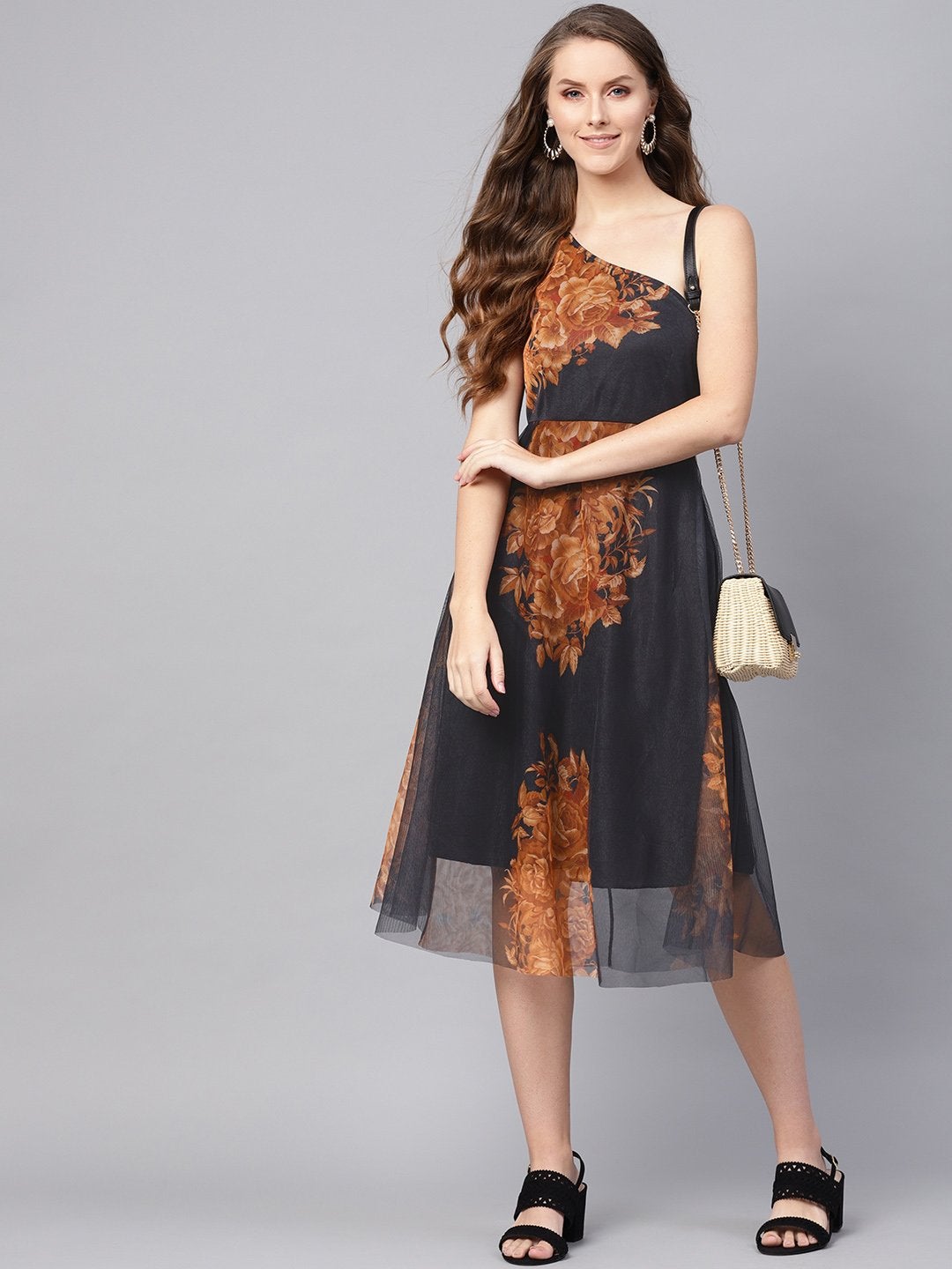 Women's Black Floral Mesh One Shoulder Midi - SASSAFRAS