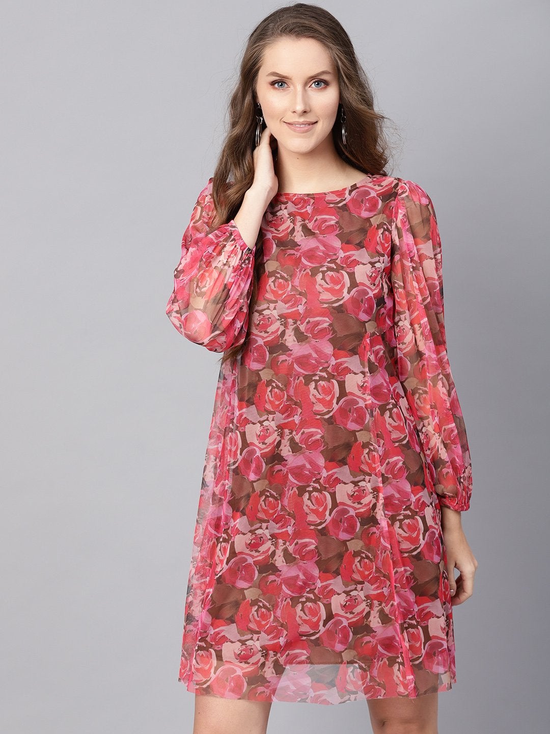 Women's Pink Rose Floral Mesh A-Line Dress - SASSAFRAS