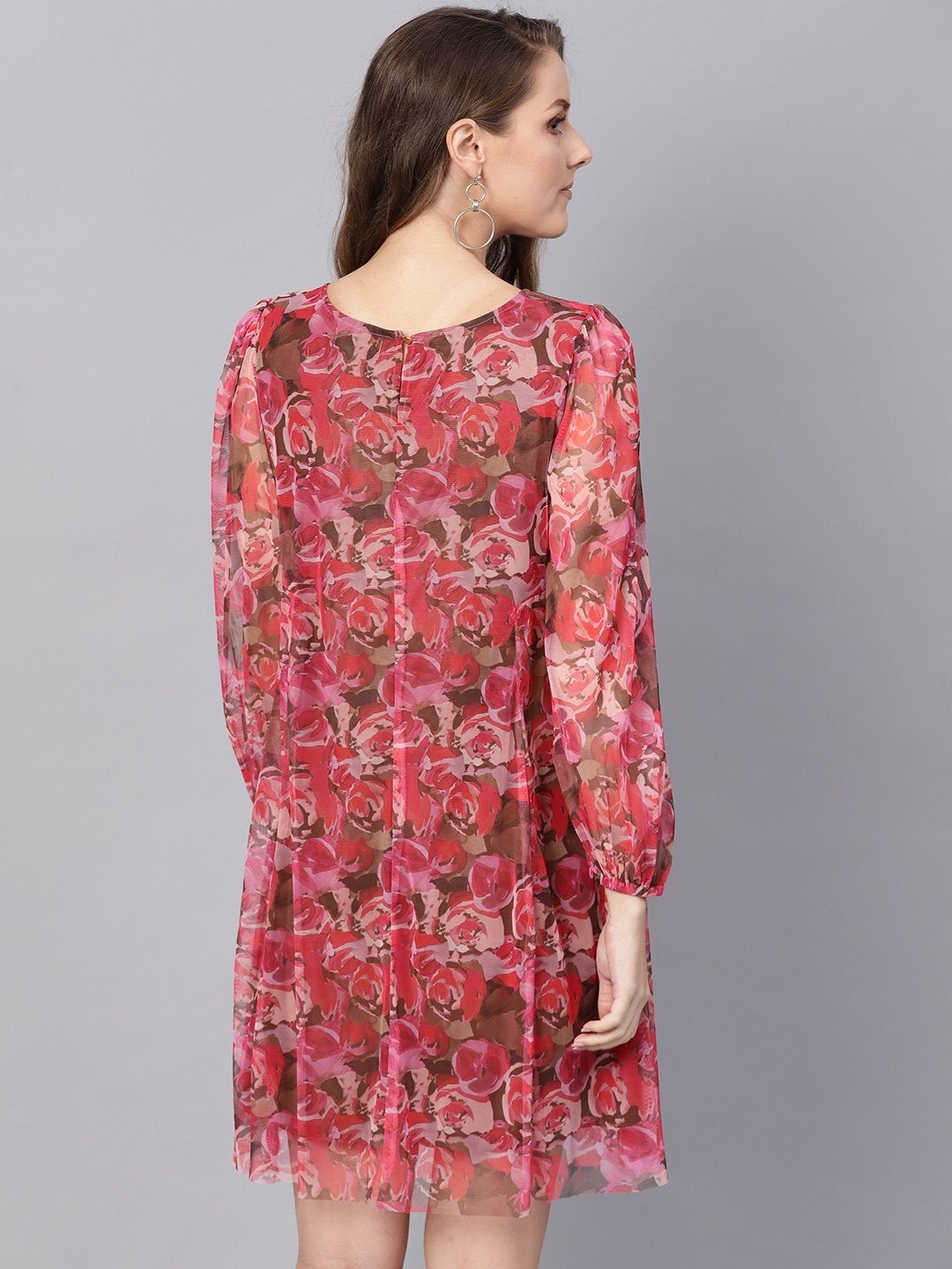 Women's Pink Rose Floral Mesh A-Line Dress - SASSAFRAS