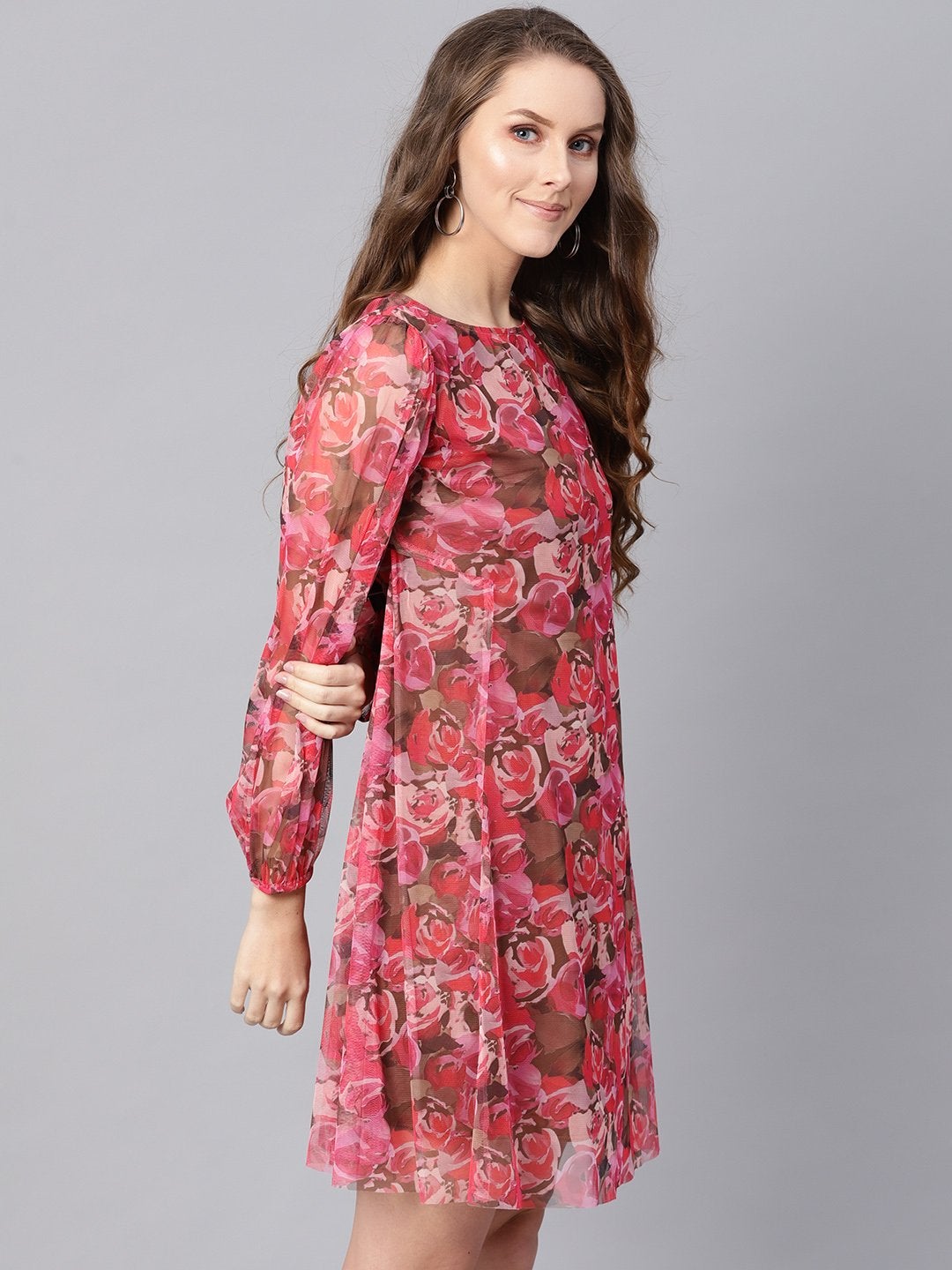 Women's Pink Rose Floral Mesh A-Line Dress - SASSAFRAS