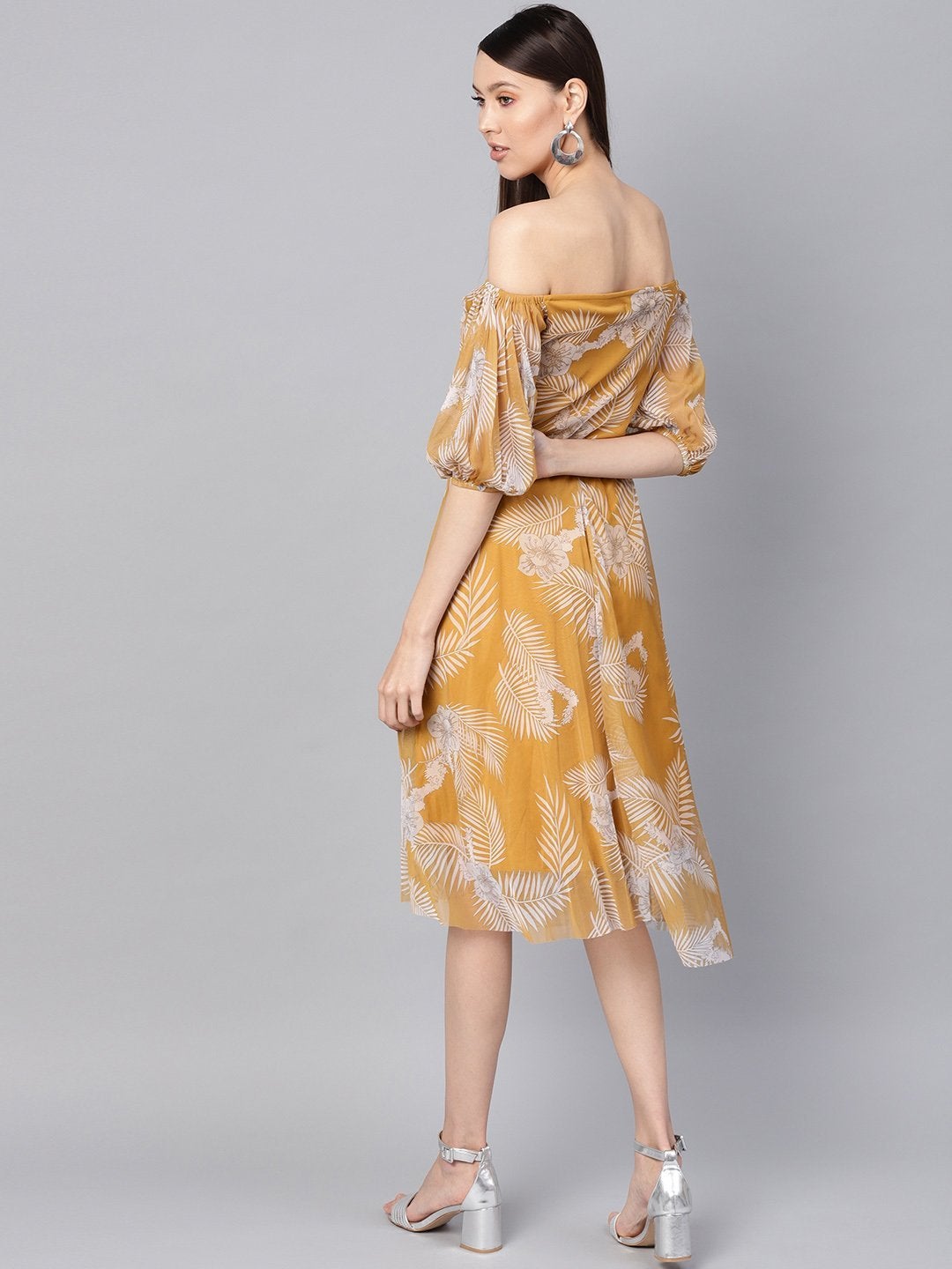 Women's Mustard Floral Mesh Off Shoulder Midi Dress - SASSAFRAS