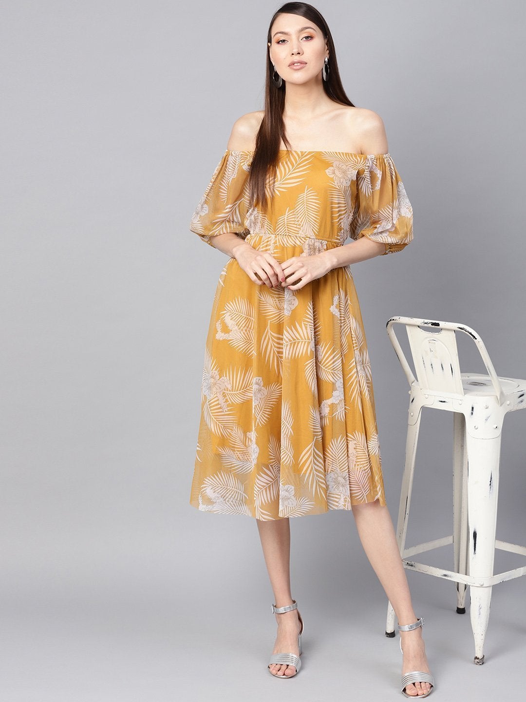 Women's Mustard Floral Mesh Off Shoulder Midi Dress - SASSAFRAS